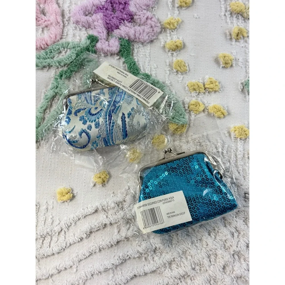 The Paragon Group Coin Purse Set of 3 Sequin Paisley Kiss Lock Aqua Pink Cream